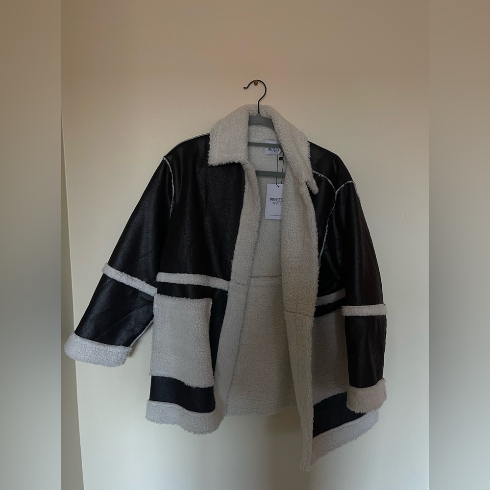 PRINCESS POLLY Trendy Faux Leather Fleece Jacket SMALL/MEDIUM